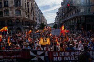 Multitud de personas en manifestación con banderas españolas en Madrid
