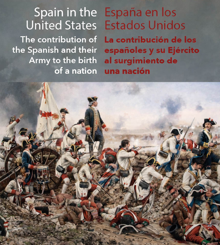 Exposición 'España en los Estados Unidos' - MelillaHoy Bilingual: white English title and red Spanish title over a cloudy sky, above a 18th-century battle scene with Spanish soldiers fighting on a rocky field. It introduces Spain's contribution to the U.S. birth of a nation.