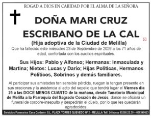 Aviso funeral enmarcado: Doña Mari Cruz Escribano de la Cal, fallecida a los 71; listado de familiares y detalles del sepelio.