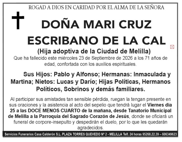 Aviso funeral enmarcado: Doña Mari Cruz Escribano de la Cal, fallecida a los 71; listado de familiares y detalles del sepelio.