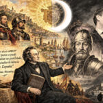 Historical collage of Spanish conquistadors and scholars gathered around a coastal city, with a seated man holding a book and a Macaulay quote backdrop.