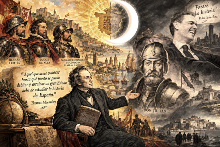 Historical collage of Spanish conquistadors and scholars gathered around a coastal city, with a seated man holding a book and a Macaulay quote backdrop.