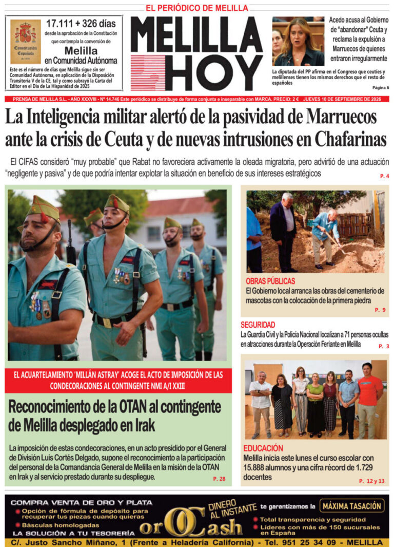 Portada del periódico Melilla Hoy del 10 de septiembre de 2026