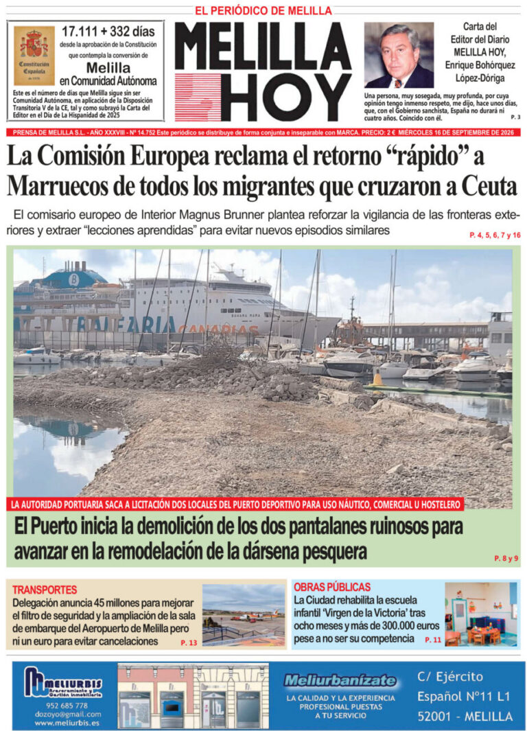 Portada del diario Melilla Hoy del 16 de septiembre de 2026