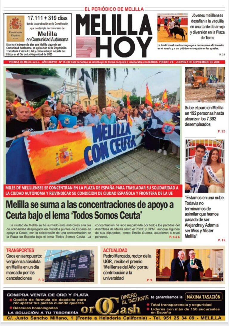 Portada del periódico Melilla Hoy del 3 de septiembre de 2026