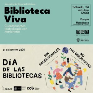 Promotional poster for Día de las Bibliotecas featuring 'Biblioteca Viva' text on a teal background and event details, plus a beige section with an illustration of people with books.