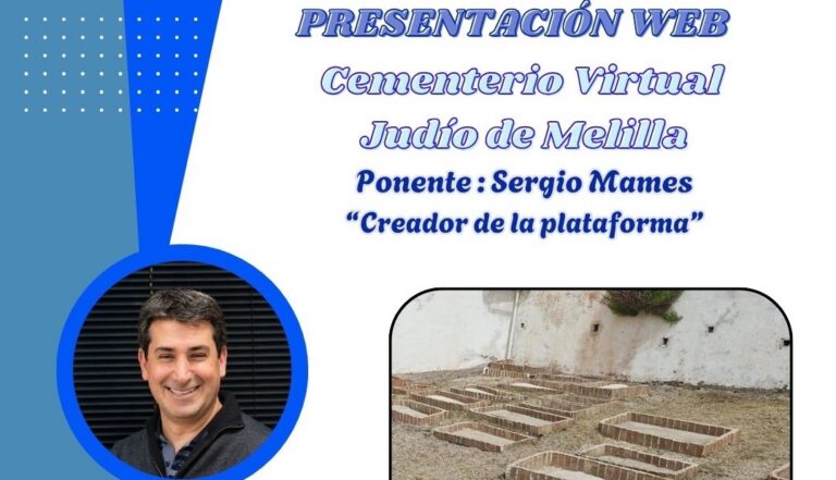 Cartel de presentación web con un retrato y una fotografía de hileras de sepulturas.