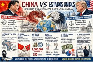 Infografía ilustrada sobre la rivalidad entre China y Estados Unidos, con líderes, banderas y gráficos.