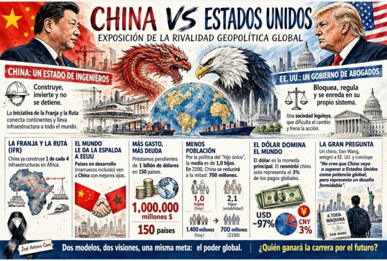 Infografía ilustrada sobre la rivalidad entre China y Estados Unidos, con líderes, banderas y gráficos.
