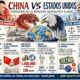 Infografía ilustrada sobre la rivalidad entre China y Estados Unidos, con líderes, banderas y gráficos.