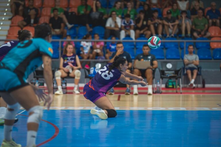 Female volleyball player wearing number 28 dives on a blue court to save the ball, with spectators in the stands watching.