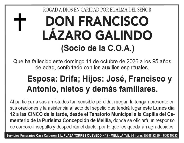 Esquela de Don Francisco Lázaro Galindo, socio de la C.O.A.
