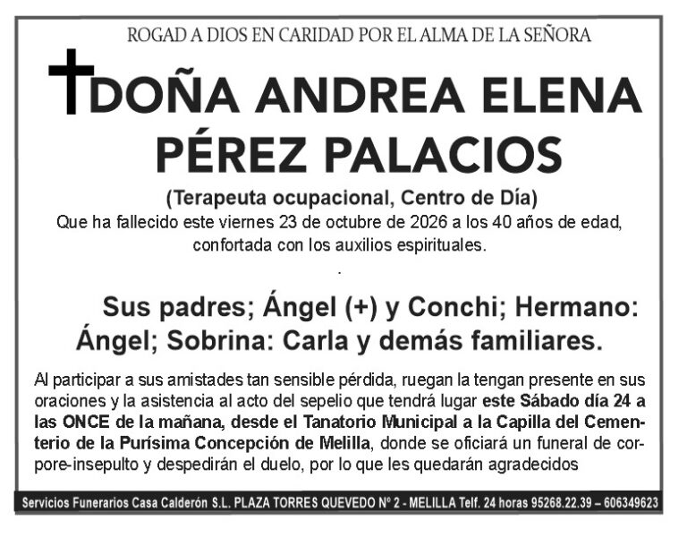 Esquela impresa de Doña Andrea Elena Pérez Palacios con datos del sepelio