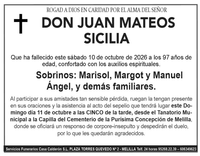 Esquela de Don Juan Mateos que falleció a los 97 años