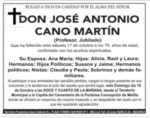 Aviso fúnebre de Don José Antonio Cano Martín, profesor jubilado, fallecido a los 79 años; detalla familiares y el sepelio en Melilla.