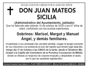 Esquela de Don Juan Mateos Sicilia con detalles sobre su fallecimiento