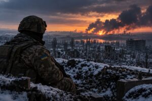 Soldado ucraniano observa un paisaje devastado por la guerra al atardecer.