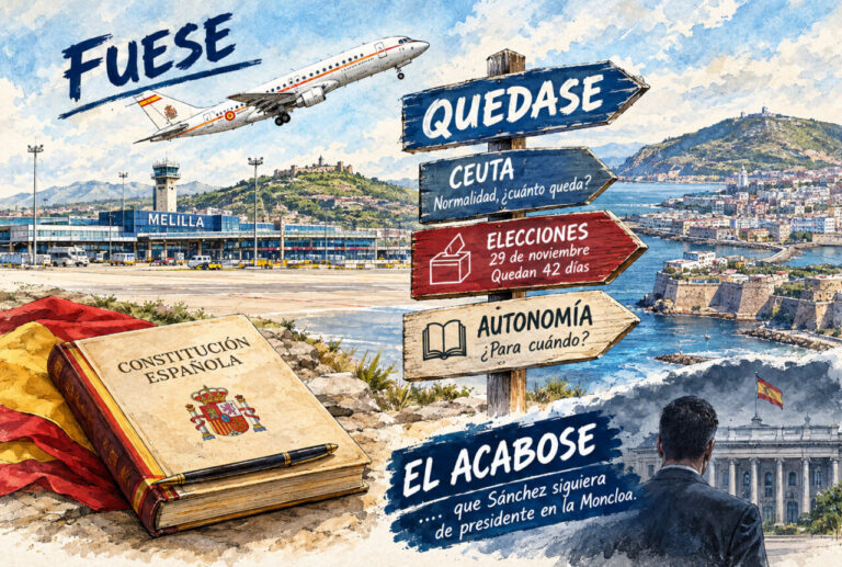 Ilustración editorial con aeropuerto de Melilla, señales sobre elecciones y autonomía y un avión