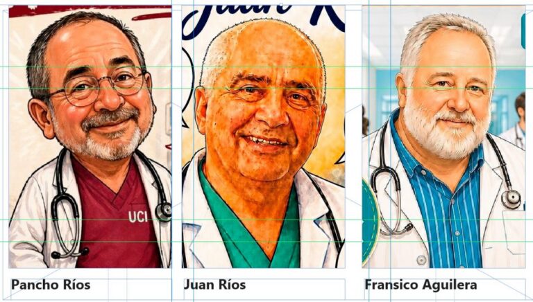 Ilustración de tres retratos masculinos etiquetados como Pancho Ríos, Juan Ríos y Francisco Aguilera.