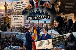Collage sobre ineptocracia y problemas de vivienda en España.