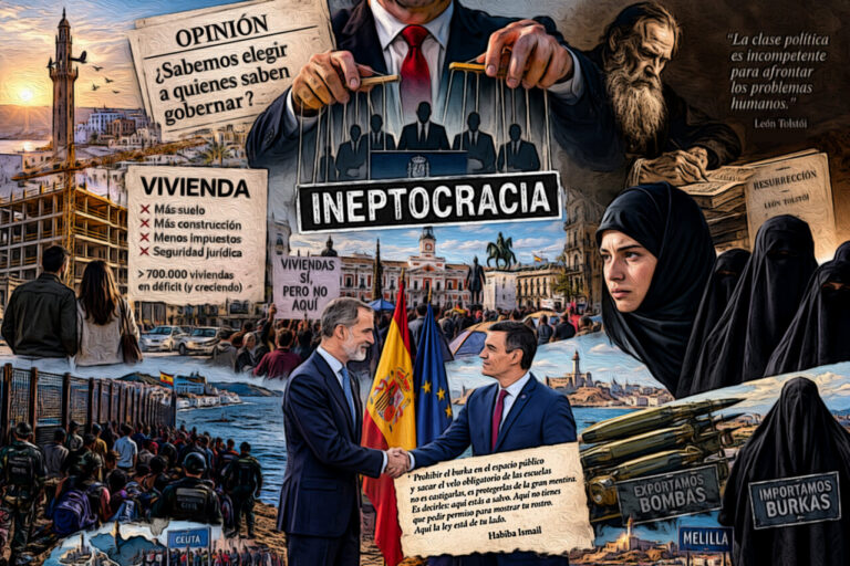 Collage sobre ineptocracia y problemas de vivienda en España.