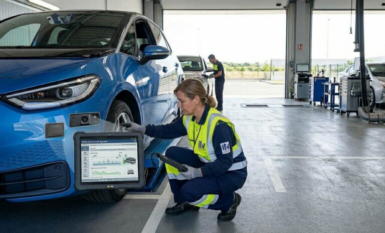 Técnica revisando un coche eléctrico durante la inspección ITV