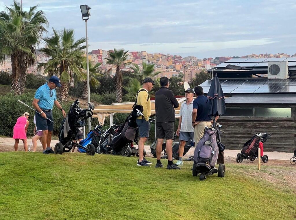 Group of golfers standing and talking beside their golf bags on a grassy course, with palm trees and a town in the background.