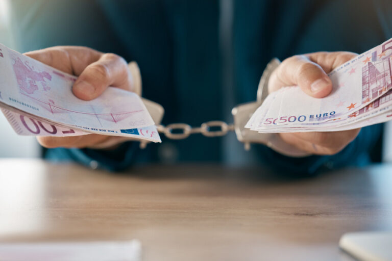 Manos sostienen billetes de euro frente a unas esposas metálicas sobre una mesa.