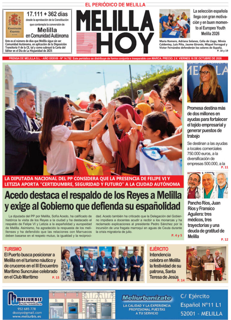 Portada de Melilla Hoy del viernes 16 de octubre de 2026 con noticias y fotografías.