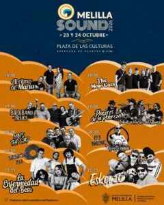 Poster for Melilla Sound 2026 festival featuring a dark blue header with the event logo and orange wave-shaped sections showing lineups by time and artist photos; venue Plaza de las Culturas, October 23–24, in Melilla (Spain).