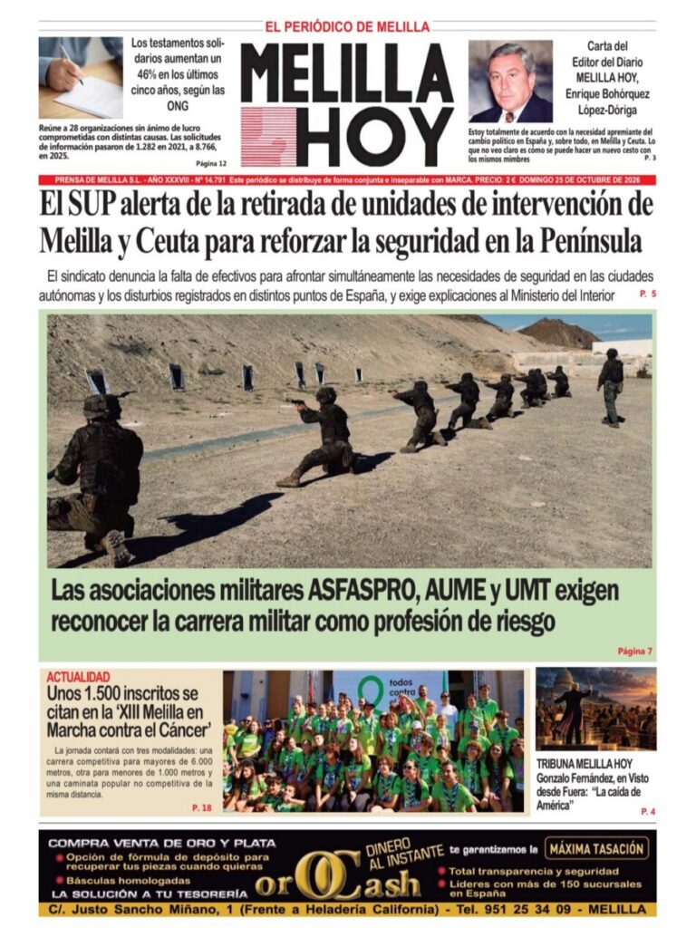 Portada de Melilla Hoy con titulares y una fotografía de personas armadas en un terreno al aire libre