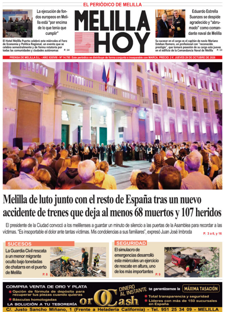 Portada de Melilla Hoy con una multitud reunida ante un edificio iluminado.