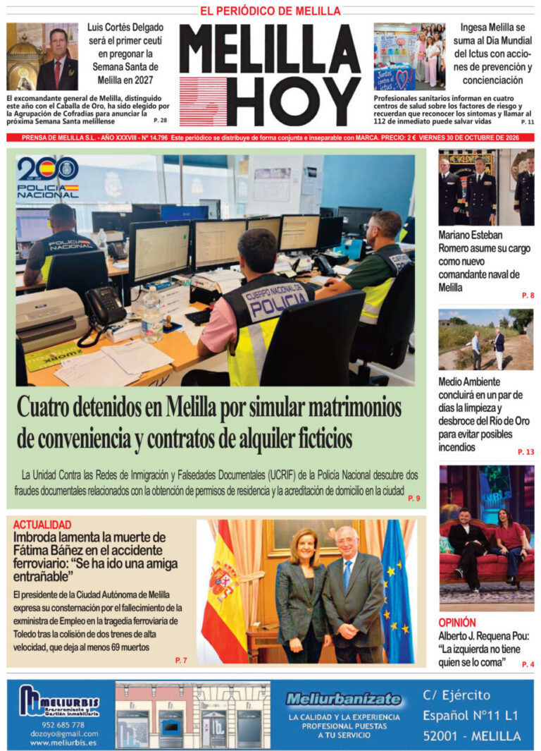 Portada de Melilla Hoy del 30 de octubre de 2026 con una sala policial