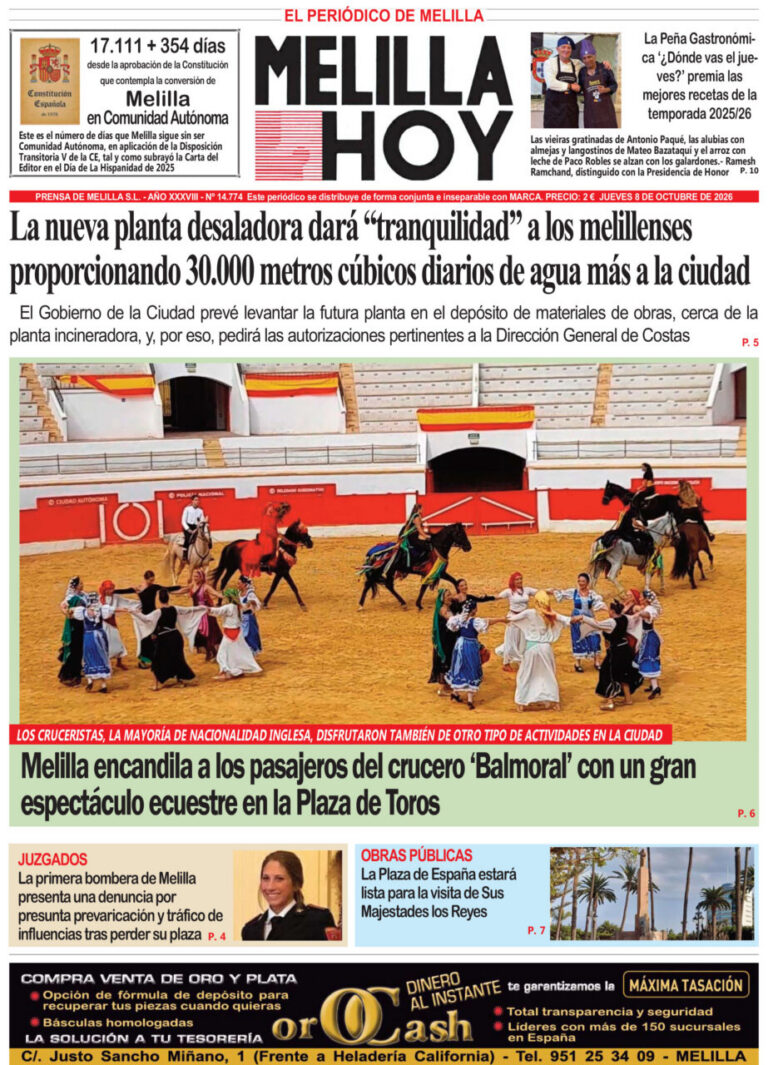 Portada del periódico Melilla Hoy del 8 de octubre de 2026 con noticias locales.