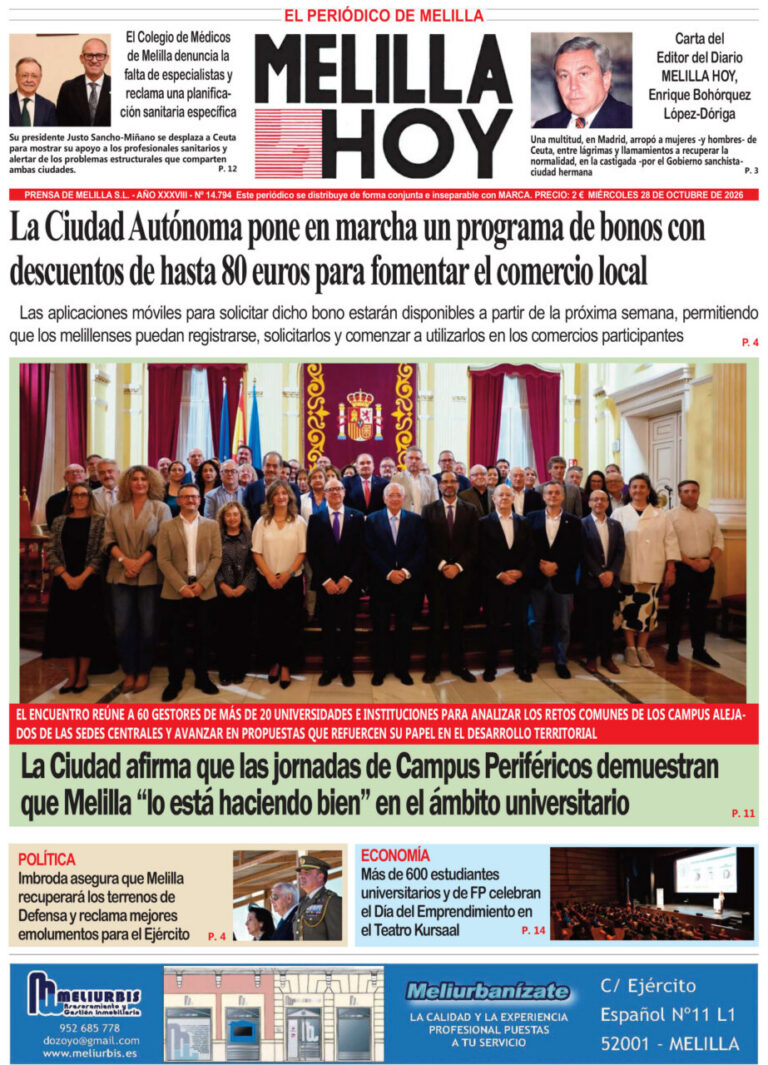 Portada de Melilla Hoy con titulares y fotografía grupal de varias personas en un salón