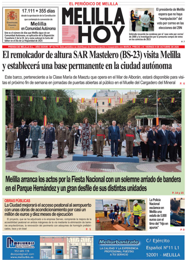 Portada del periódico Melilla Hoy del 9 de octubre de 2026