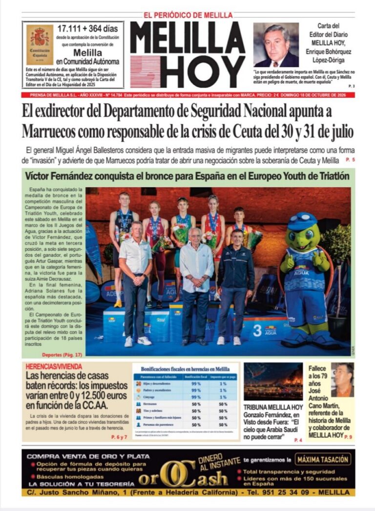Portada de Melilla Hoy con fotografía de triatletas y una esquela en la esquina inferior derecha.