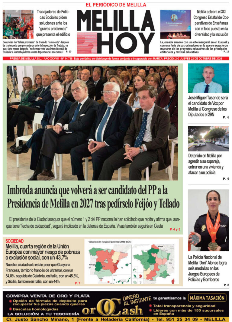 Front-page photo of suited officials seated in rows at a formal event, audience behind them; accompanying headline about Imbroda announcing a 2027 PP candidacy for Melilla.