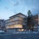 Render del futuro hub tecnológico de Melilla, un edificio acristalado en una esquina urbana.